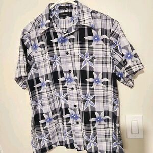 Marc Edwards Shirt  Medium Plaid Floral Hawaiian Shirt 100% Cotton
